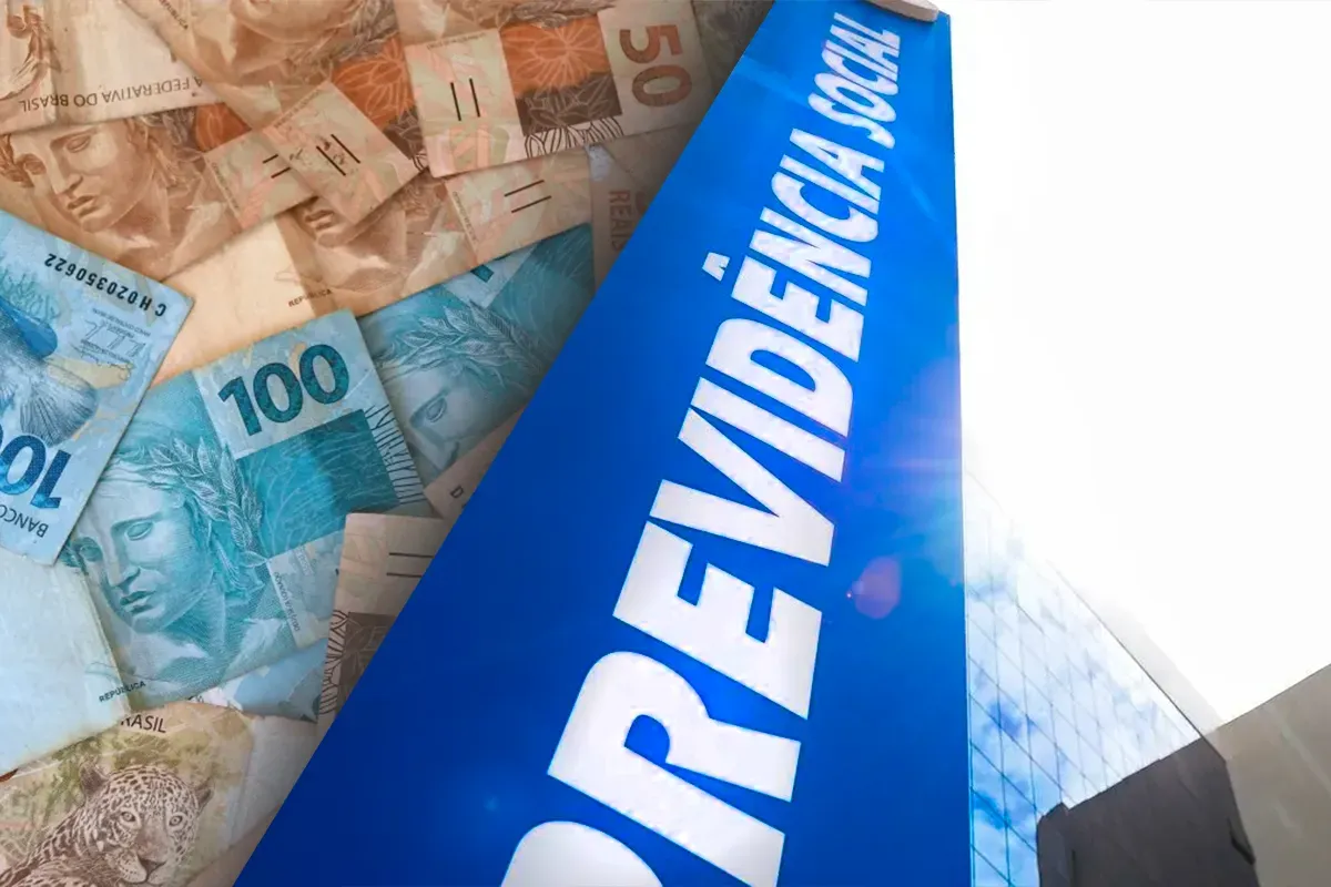 INSS garante antecipação do 13º salário em 2026 com novo decreto publicado 2 Cédulas de reais brasileiras com foco no 13º salário do INSS e o logo da Previdência Social.