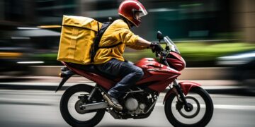 Motociclista entregador com capacete e mochila amarela, em alta velocidade, trabalhando com motocicleta nas ruas.