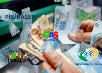 Cédulas de dinheiro e logos do PIS/Pasep, Bolsa Família, BPC, Gás do Povo e Previdência Social, representando os benefícios pagos no mês de março.