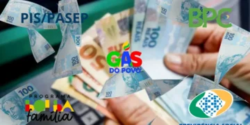 Cédulas de dinheiro e logos do PIS/Pasep, Bolsa Família, BPC, Gás do Povo e Previdência Social, representando os benefícios pagos no mês de março.