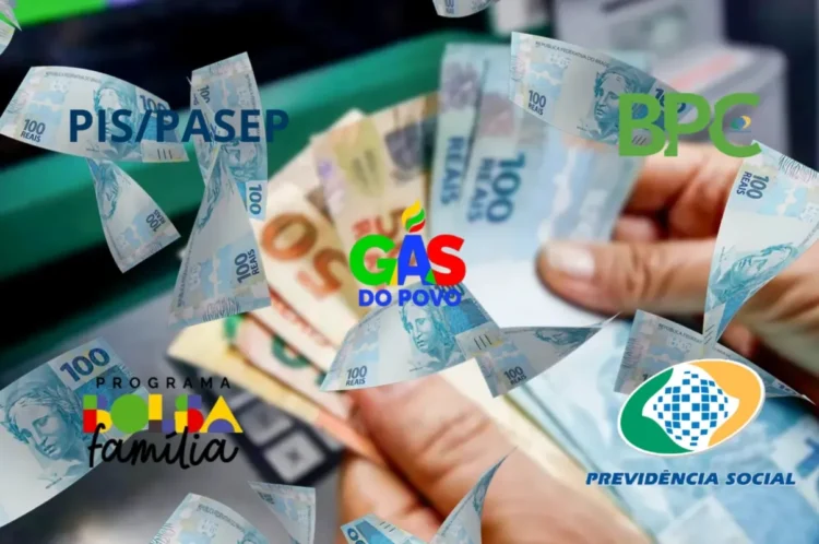 Calendário de pagamentos de março: INSS, Bolsa Família, BPC, PIS/Pasep e Gás do Povo 1 Cédulas de dinheiro e logos do PIS/Pasep, Bolsa Família, BPC, Gás do Povo e Previdência Social, representando os benefícios pagos no mês de março.