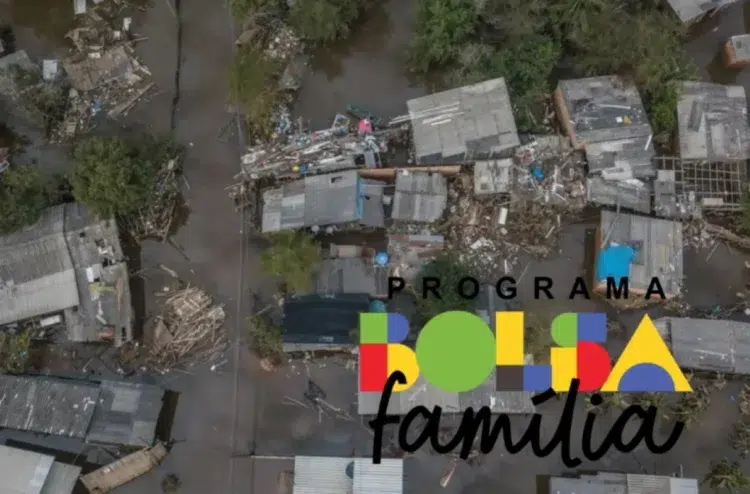 Bolsa Família de março: novas cidades em emergência e possibilidade de antecipação no pagamento 1 Áreas afetadas por calamidades naturais, com a sobreposição do logo do programa Bolsa Família em destaque, representando as novas cidades em emergência e a possibilidade de antecipação no pagamento.