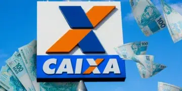 Logo da Caixa Econômica Federal com notas de R$ 100, ilustrando o saque de R$ 6.220 disponível para moradores de MG, GO, RJ e SC a partir de 03/03.