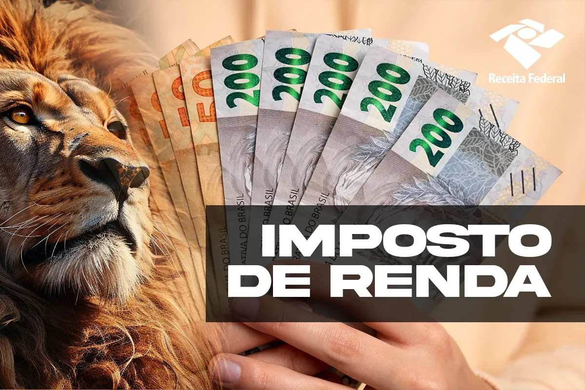Imposto de Renda 2026: Receita Federal anuncia cashback para quatro milhões de pessoas 2 Notas de real sendo seguradas por uma pessoa com ilustração de leão ao lado simbolizando restituição do Imposto de Renda da Receita Federal