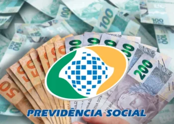 Notas de real brasileiro com o símbolo da Previdência Social representando o pagamento do 13º salário para beneficiários do INSS em 2026.