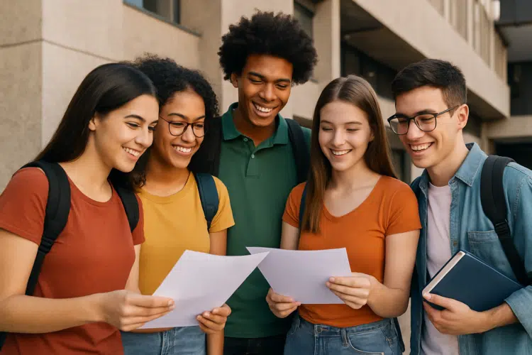 Novos pagamentos do Pé-de-Meia de março acontecem hoje (26); saiba quem recebe 1 Grupo de jovens sorrindo e apontando para papéis sobre apoio financeiro do Pé-de-Meia