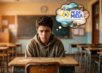 Estudante preocupado em sala de aula pensando no benefício Pé-de-Meia enquanto aguarda o pagamento de R$ 1.000 do programa para alunos do ensino médio.