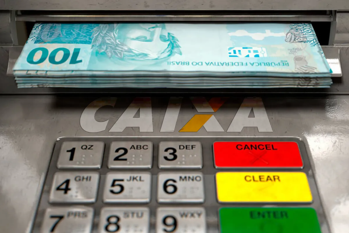 R$ 6.220 disponíveis na CAIXA para saque a partir desta quarta-feira (11); veja quem tem direito! 2 Caixa eletrônico da Caixa Econômica Federal exibindo cédulas de real em operação de saque do FGTS por calamidade