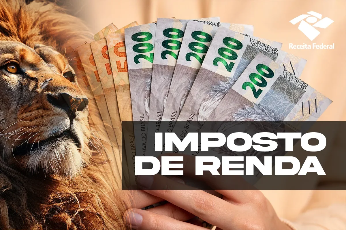 Consulta ao lote residual do Imposto de Renda 2026 é liberada nesta terça-feira (24) 2 Notas de real brasileiro nas mãos de um contribuinte com ilustração de leão simbolizando a restituição do Imposto de Renda 2026