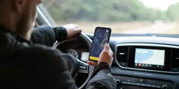 Motorista segura celular com app de navegação enquanto dirige carro moderno