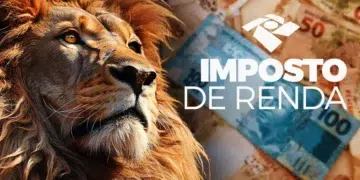 Leão do Imposto de Renda diante de cédulas de real simbolizando a tributação no Brasil e as regras da declaração anual.