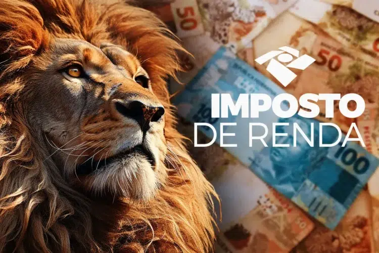 Quem ganha até R$ 5 mil ainda pagará Imposto de Renda em 2026; entenda 1 Leão do Imposto de Renda diante de cédulas de real simbolizando a tributação no Brasil e as regras da declaração anual.