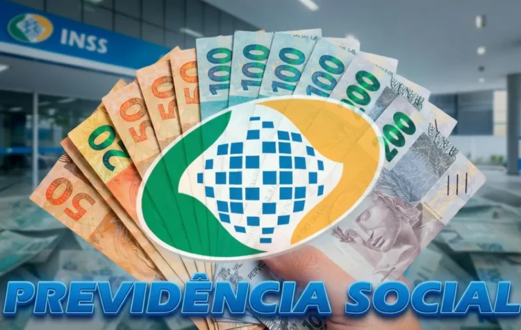 Antecipação do 13º do INSS: descubra os 5 grupos que serão beneficiados 1 Notas de real abertas em leque com símbolo da Previdência Social do INSS ao fundo representando pagamento do 13º antecipado para aposentados e pensionistas