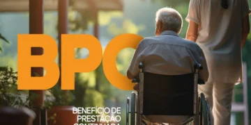 Idoso sentado em cadeira de rodas sendo acompanhado por cuidadora durante manhã ensolarada