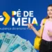 Estudante apontando para o programa Pé-de-Meia enquanto cédulas de 100 reais ilustram o incentivo de até R$ 3.000 pago a alunos do ensino médio que atendem aos critérios do benefício.