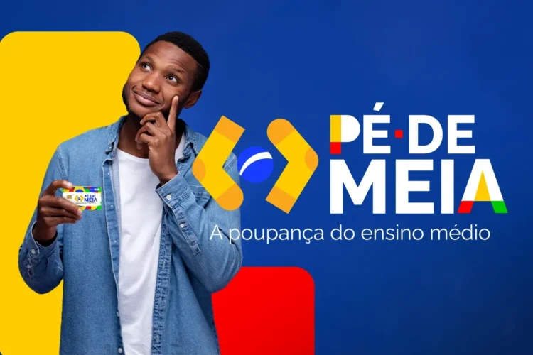 Pé-de-Meia 2026: quem recebe o pagamento de até R$ 1.200 nesta quinta-feira (05)? 1 Cartão do programa Pé-de-Meia sendo segurado por um jovem, com fundo azul e figuras geométricas coloridas, destacando o pagamento de até R$ 1.200