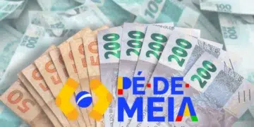 Notas de R$ 50, R$ 100 e R$ 200 do Brasil, com o logo do Pé-de-Meia, representando o pagamento de até R$ 1.200 para estudantes nascidos em novembro e dezembro.
