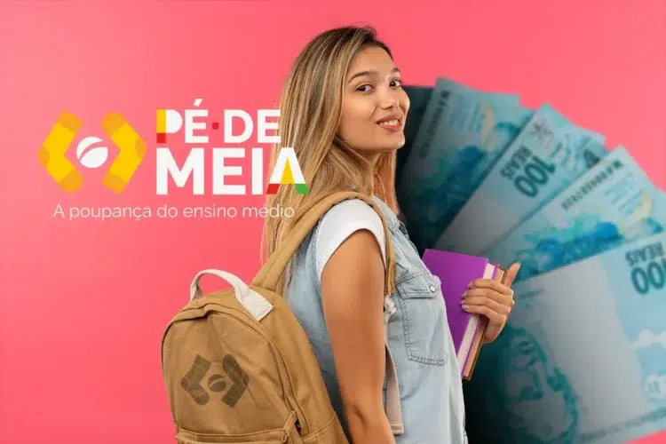 Pé-de-Meia: não recebeu a parcela de conclusão? Nova rodada de pagamentos acontece de 23 a 30 de março 1 Mulher sorrindo com mochila escolar, ao fundo dinheiro em notas de 100 reais, destacando a campanha 'Pé-de-Meia' sobre o pagamento de parcelas do ensino médio.