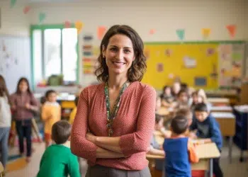 Professora sorri de braços cruzados em sala cheia de crianças e decoração colorida