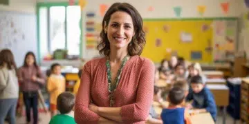 Professora sorri de braços cruzados em sala cheia de crianças e decoração colorida