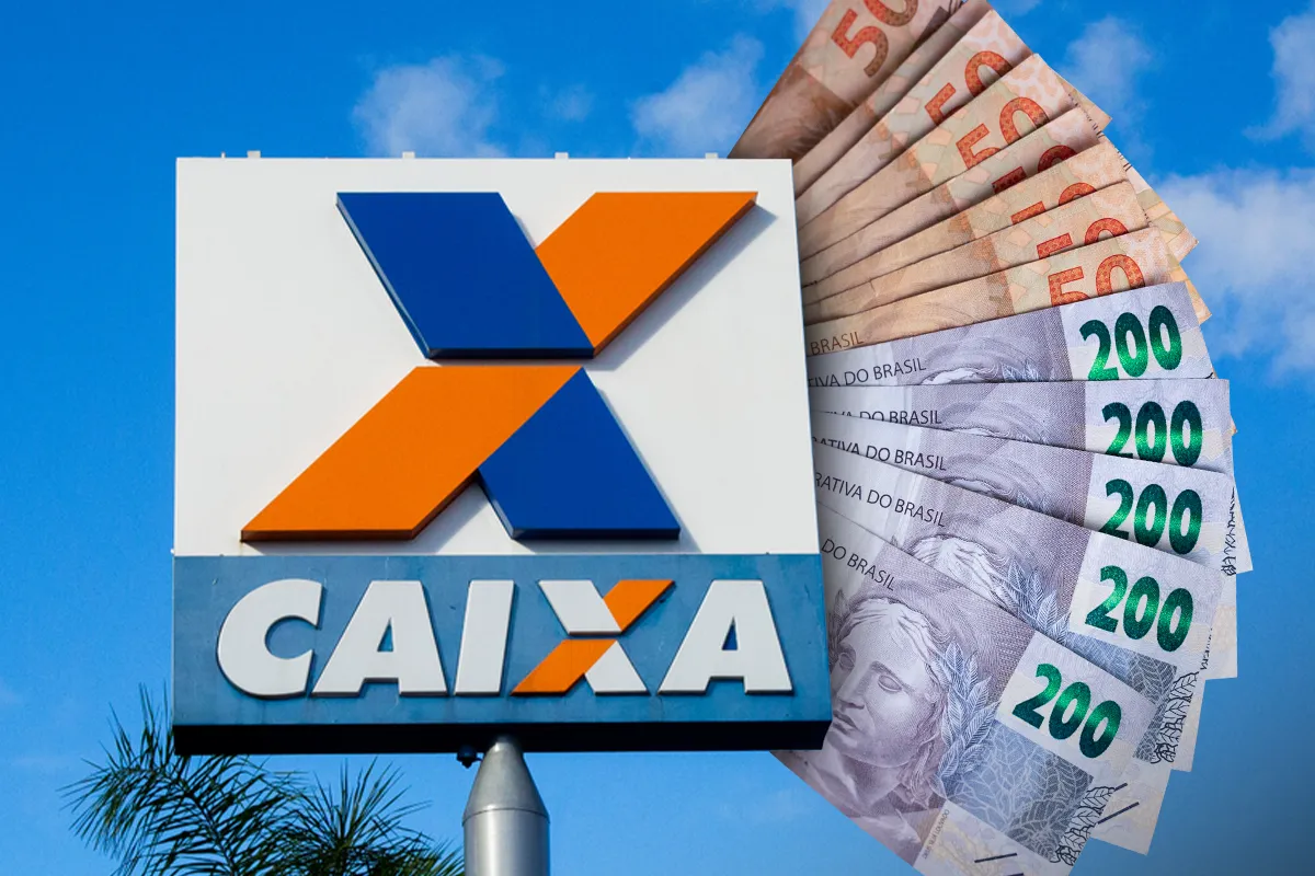CAIXA libera saque de R$ 6.220: CPFs com finais 0 a 9 estão autorizados a solicitar 2 Placa da Caixa Econômica Federal com notas de R$ 50 e R$ 200 ao lado, ilustrando a autorização de CPFs de finais 0 a 9 para solicitar até R$ 6.220 pelo Aplicativo FGTS