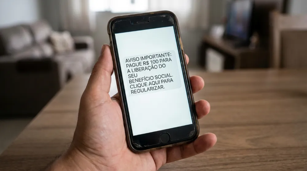 MDS alerta sobre o golpe de taxa para liberação de benefícios — Saiba como evitar! 2 Mão segurando um celular com aviso de cobrança de taxas para liberação de benefícios sociais, representando a fraude identificada pelo MDS.