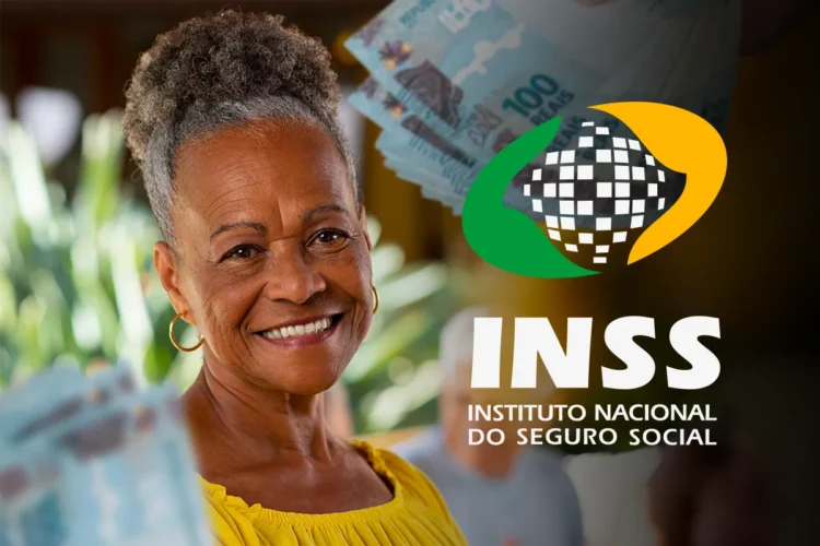 Mulher aposentada sorrindo ao lado do logotipo do INSS — Instituto Nacional do Seguro Social