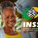 Mulher aposentada sorrindo ao lado do logotipo do INSS — Instituto Nacional do Seguro Social