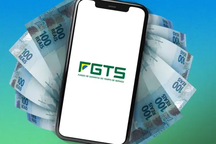 Governo anuncia estudo para liberar R$ 17 bilhões do FGTS a trabalhadores endividados 1 Smartphone exibe logo do FGTS cercado por notas de R$ 100 sobre fundo azul e verde gradiente.