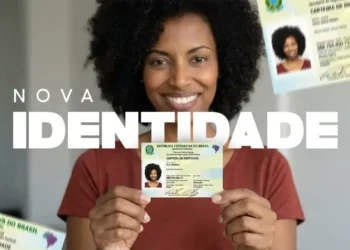 Mulher negra sorrindo mostra a CIN com foto 3x4, brasão e texto "Nova Identidade" ao fundo