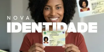 Mulher negra sorrindo mostra a CIN com foto 3x4, brasão e texto "Nova Identidade" ao fundo