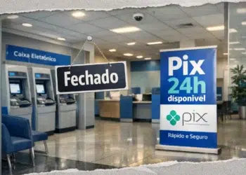 Letreiro "Fechado" em porta de banco, caixas eletrônicos ao fundo e banner do Pix 24h disponível