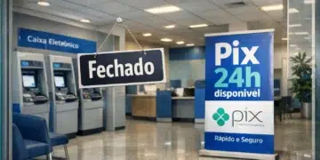Letreiro "Fechado" em porta de banco, caixas eletrônicos ao fundo e banner do Pix 24h disponível
