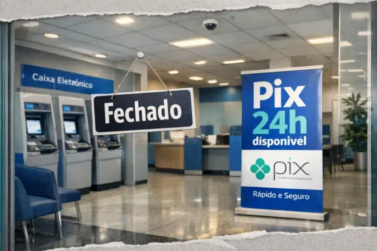 Feriado nacional nesta sexta-feira (3): Como ficam os serviços de bancos, Correios e INSS? 1 Letreiro "Fechado" em porta de banco, caixas eletrônicos ao fundo e banner do Pix 24h disponível