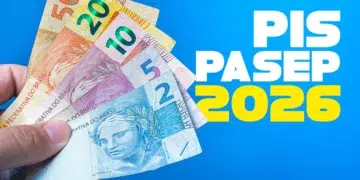 Mão segurando cédulas de real (R$ 2, R$ 5, R$ 10, R$ 20 e R$ 50) com texto "PIS PASEP 2026" sobre fundo azul.