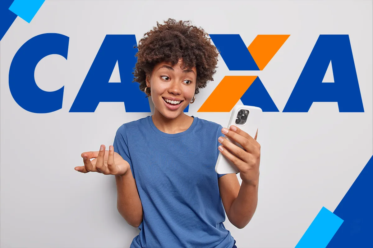 CAIXA autoriza saque de R$ 6.220 a partir desta quarta-feira (1º) para moradores da BA, RJ, MG e PA 2 Mulher segurando celular e sorrindo em frente ao logo grande da Caixa em parede branca